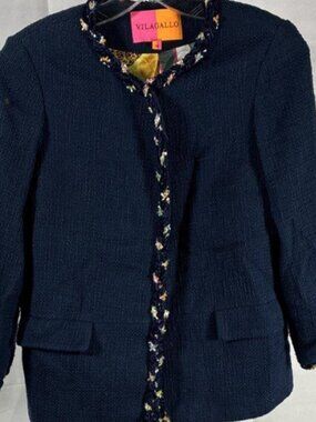 Vilagallo Women's Navy Blazer Braided Trim Safari Animal Print Lining Size 38